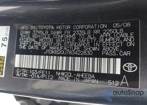 2008 Toyota Prius from USA, damaged, VIN JTDKB20U783422830